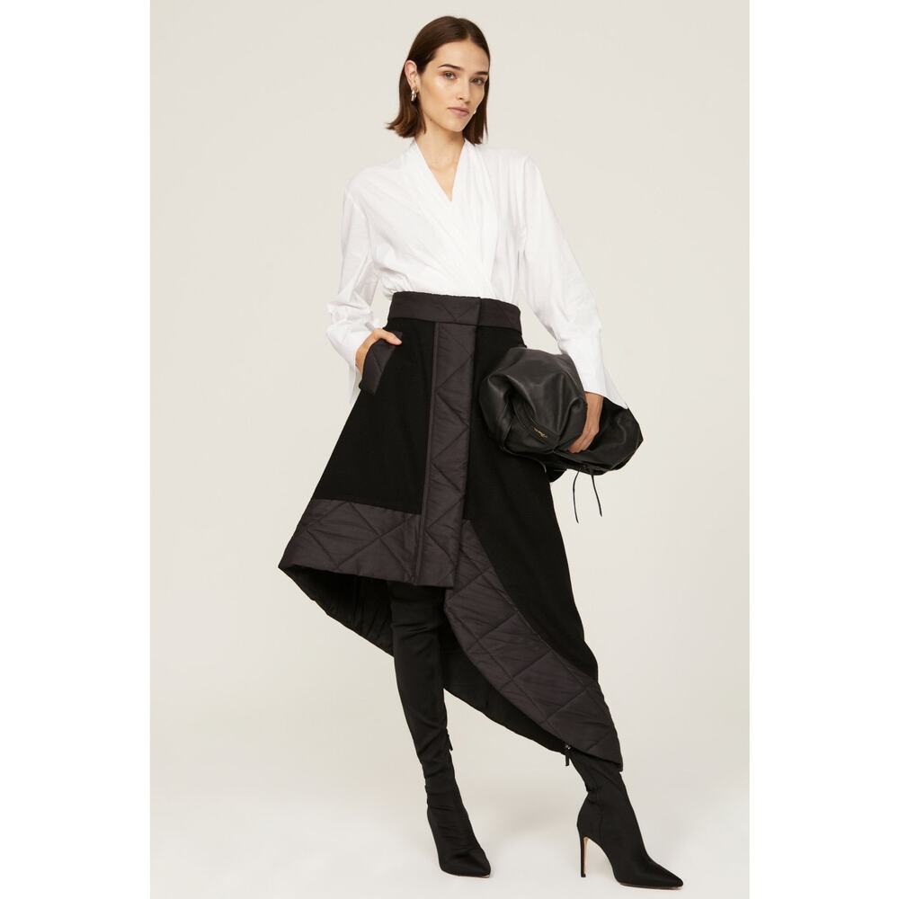 Mossi Black Asymmetrical A-Line Wool Quilted Trim Avant Garde Midi Skirt 12